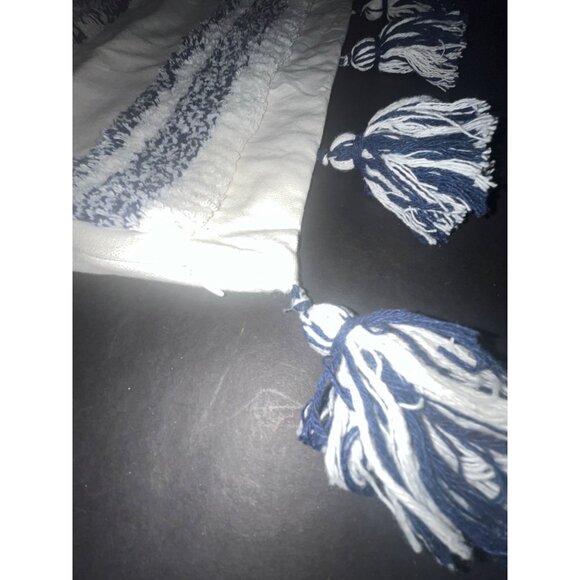 Cotton Pillow Cover Pom Tassels 16x18 White & Navy Stripes Zipper Boho Decor - Picture 2 of 9